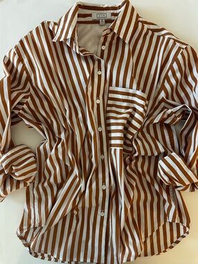 AYR Deep-End Shirt, Structured Cotton Button Up, Bold Stripes, Womens Small